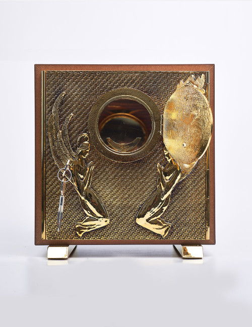 Tabernacolo in legno radica di olmo con porticina Sacro Cuore in ottone dorato