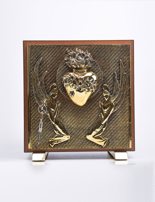 Tabernacolo in legno radica di olmo con porticina Sacro Cuore in ottone dorato
