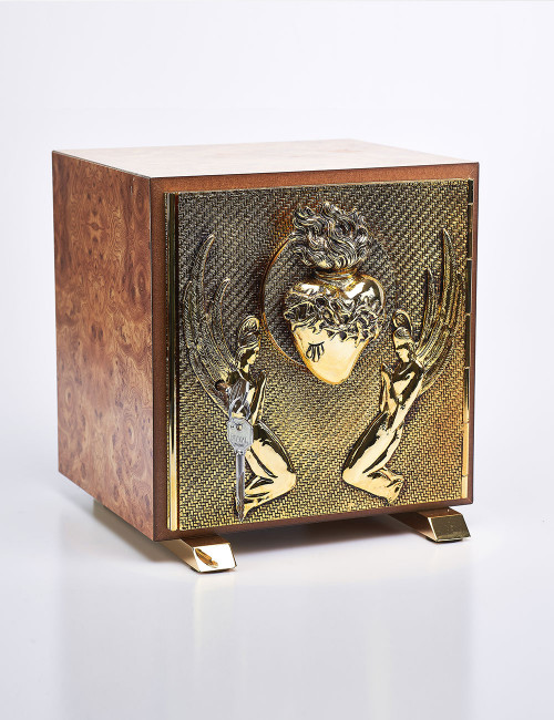 Tabernacolo in legno radica di olmo con porticina Sacro Cuore in ottone dorato