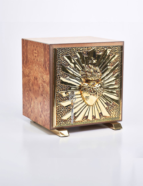 Tabernacolo in legno di radica di olmo con Sacro Cuore in ottone dorato