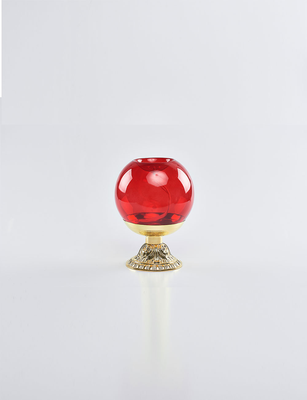 Lampada a sfera rossa in vetro con base oro per cera liquida