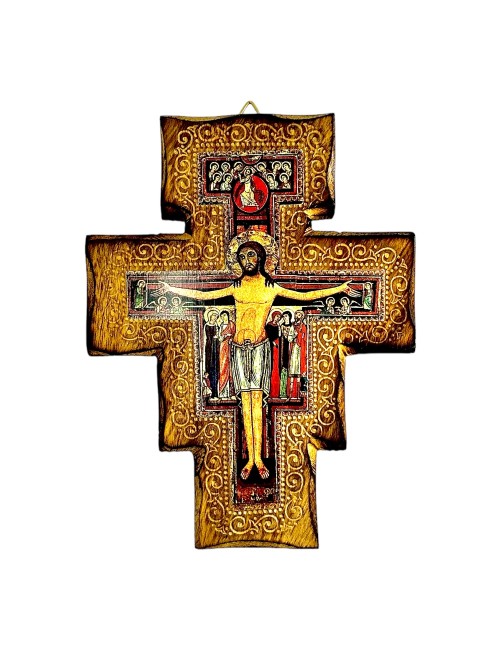 Crocifisso San Damiano Assisi in legno bruciato e colorato