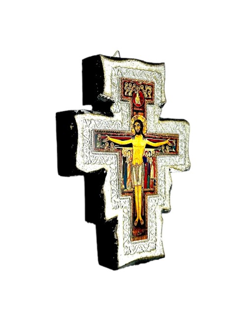 Crocifisso San Damiano Assisi spesso in legno e foglia d'argento