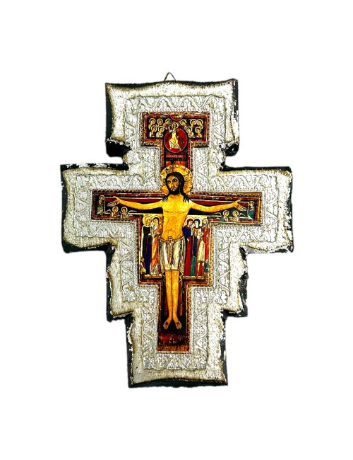 Crocifisso San Damiano Assisi spesso in legno e foglia d'argento