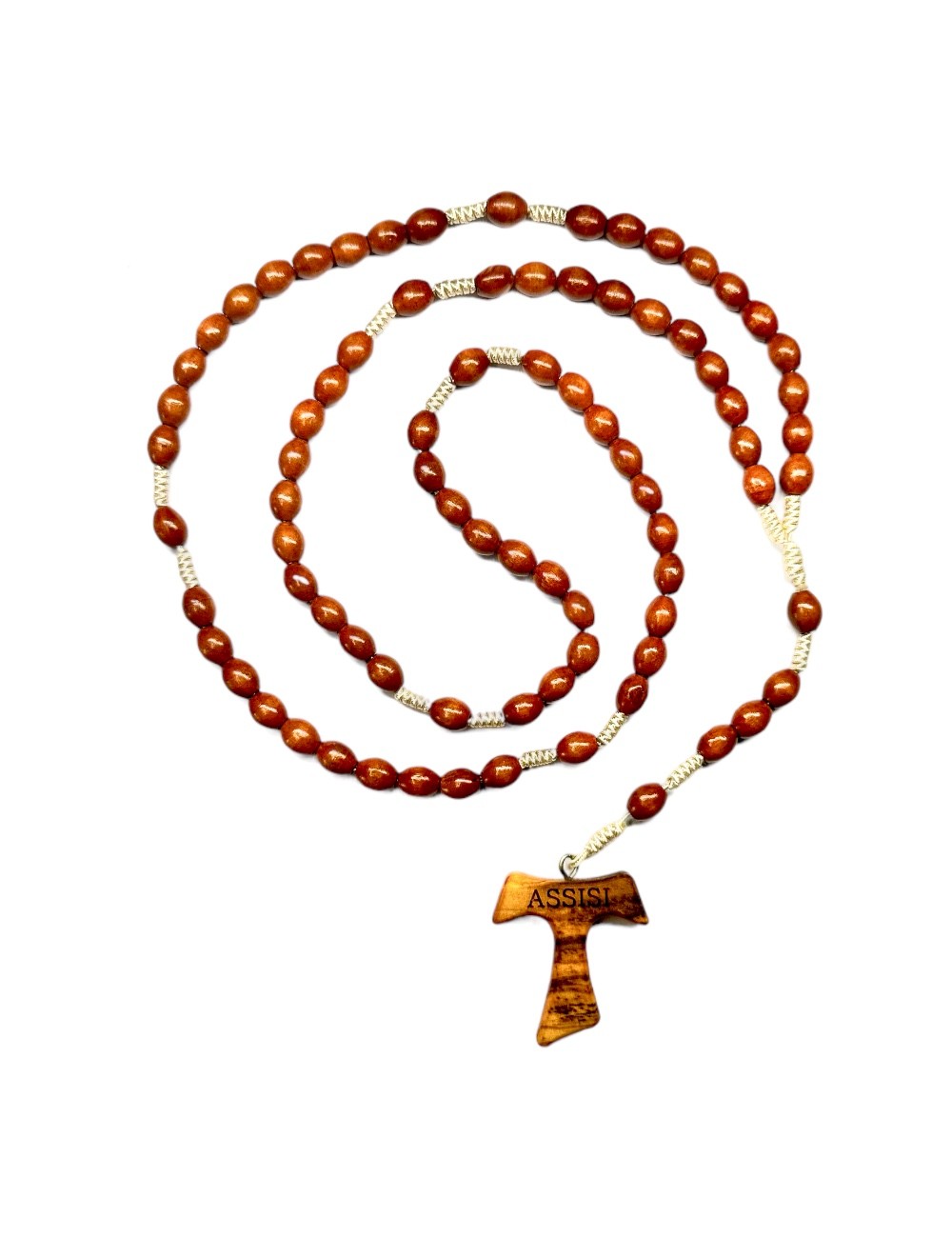 Rosario Francescano 70 Grani Chiari e Ovali con Tau Assisi in legno e Corda Chiara