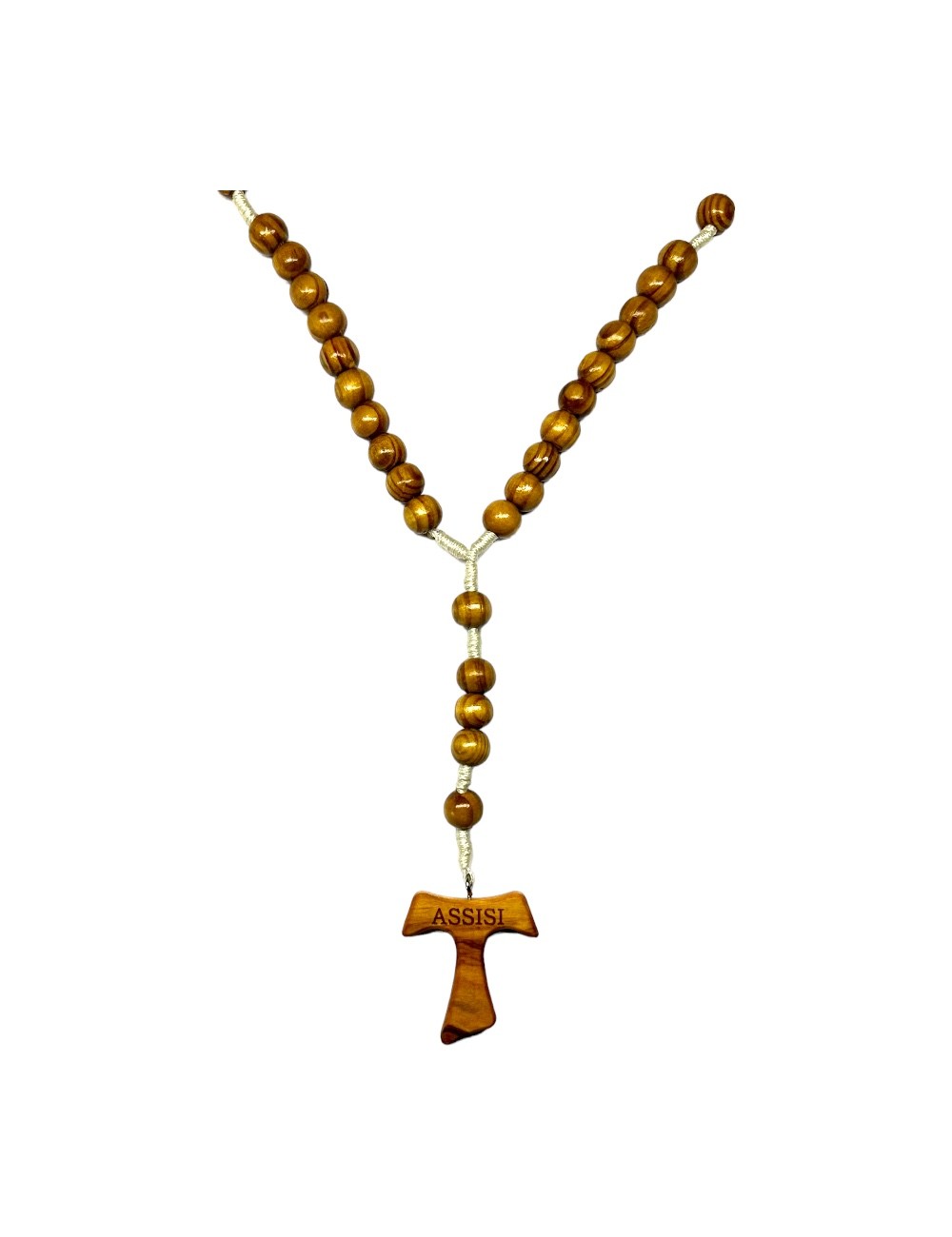 Rosario con Tau Assisi con Grani tondi e Chiari in legno e Corda Chiara