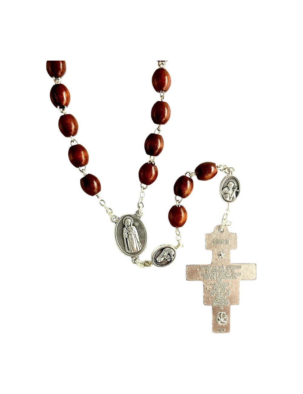Rosario con Croce San Damiano in metallo e con Pater San Francesco e Santa Chiara con Grani Scuri e Ovali in legno