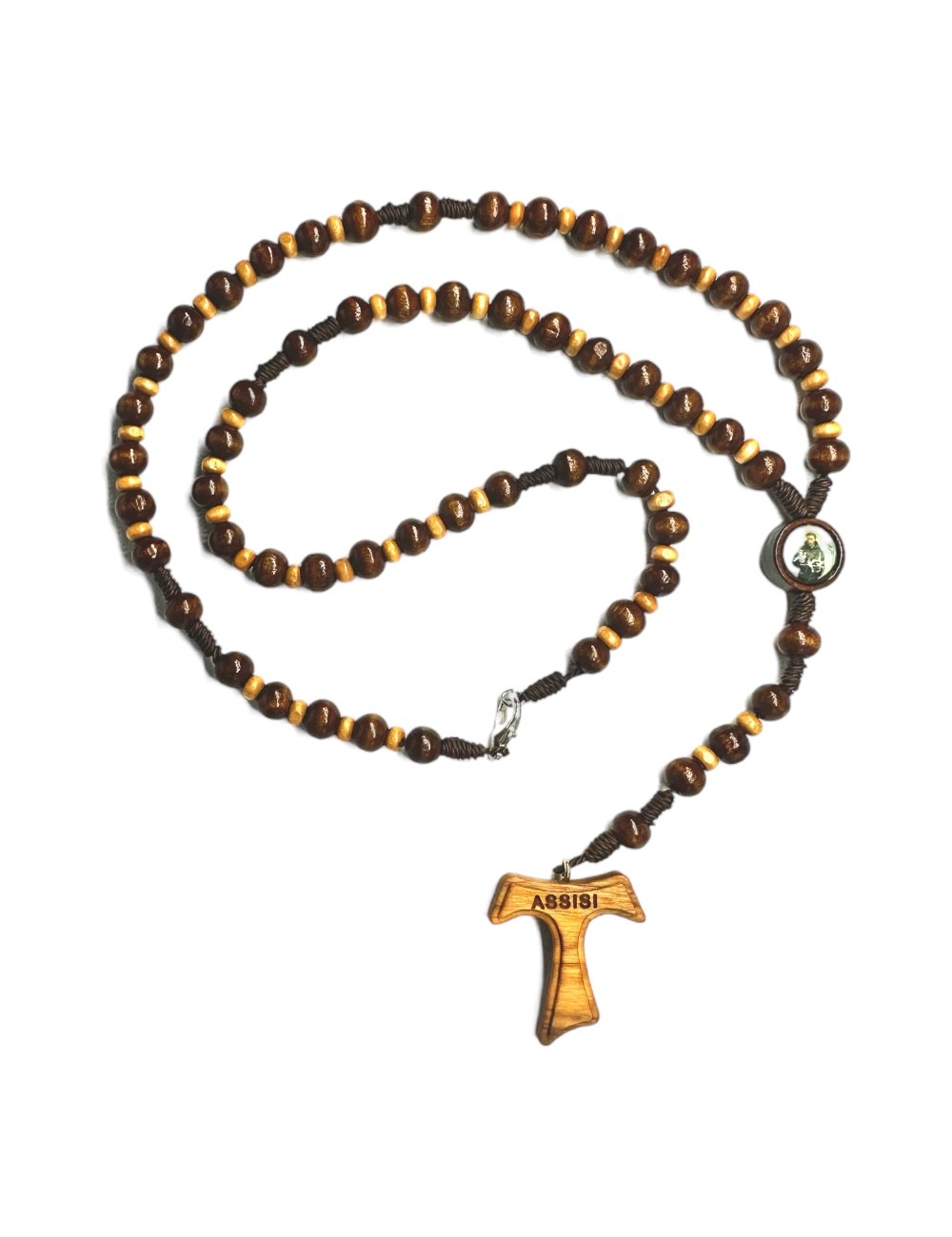 Rosario Apribile con Tau Assisi con Grani Tondi e Scuri alternati da grani piccoli e chiari in legno