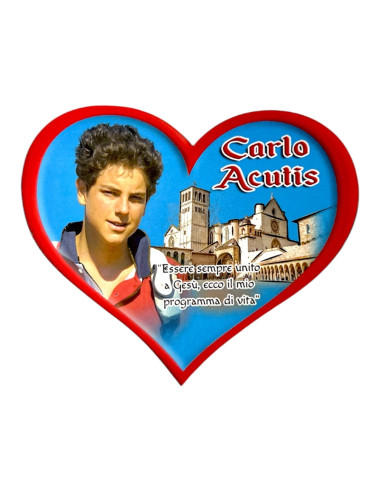 Calamita Carlo Acutis con Assisi Forma Cuore in Legno