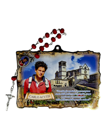 Tavoletta Carlo Acutis in Legno Stampato e Decina Profumata