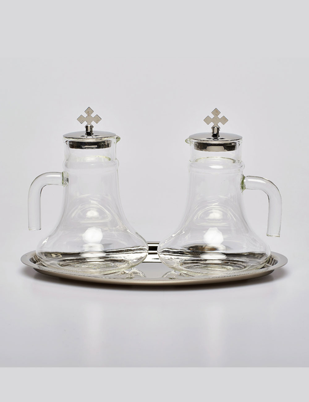 Set ampolle per altare argento nikelato con ampolle manico in vetro