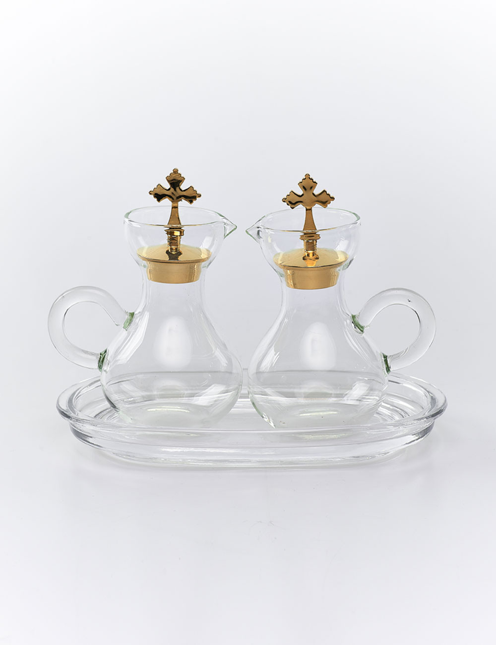Set ampolle per altare in vetro con ampolle manico in vetro e tappo dorato